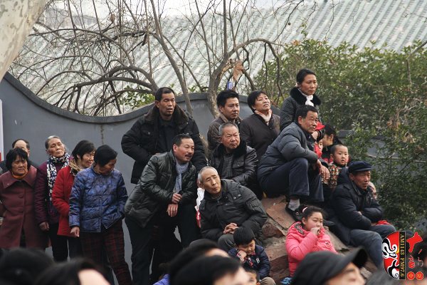 人民公園演出現(xiàn)場擠滿了觀眾，圖為觀眾爬上假山山頭
