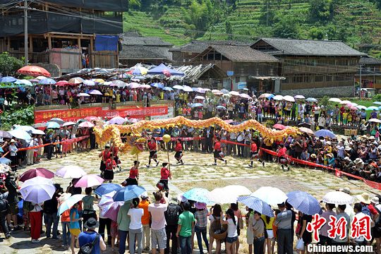 圖為當(dāng)?shù)丶t瑤民眾舞起長(zhǎng)龍祈求風(fēng)調(diào)雨順。中新社發(fā) 韋吉陽(yáng) 攝