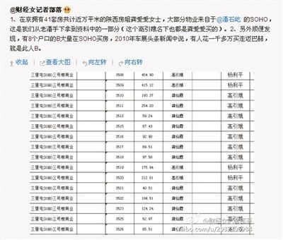 網(wǎng)友“財(cái)經(jīng)女記者部落”微博稱，“房姐”多處房產(chǎn)購(gòu)自潘石屹的SOHO中國(guó)。網(wǎng)絡(luò)截圖