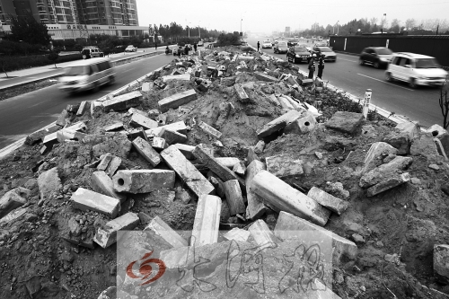 中州大道部分路段，綠化帶成了垃圾場(chǎng)。