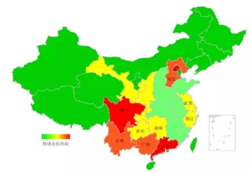 端午期間省域擁堵情況。來源：交通部聯(lián)合其他機構發(fā)布的《2018年端午全國公路網出行預測報告》。