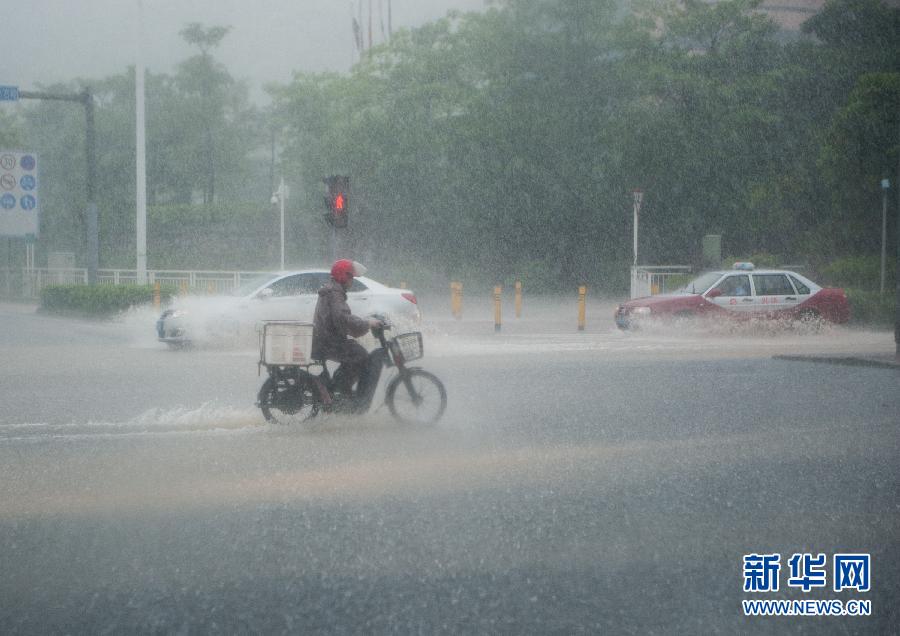5月11日，車輛在深圳西麗留仙大道涉水前行。