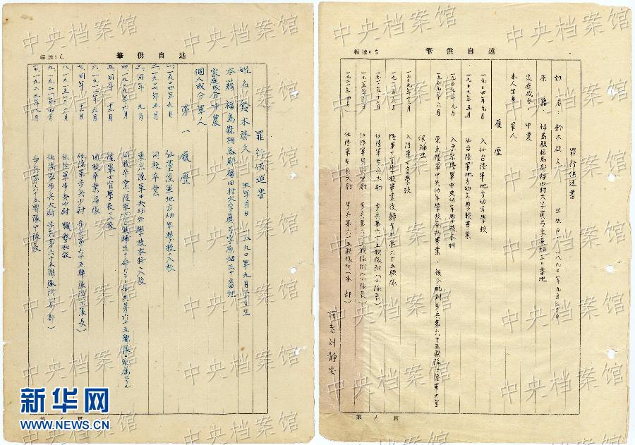 這是日本戰(zhàn)犯鈴木啟久的部分筆供原文（左圖）和鈴木啟久筆供的中文譯文（右圖）。