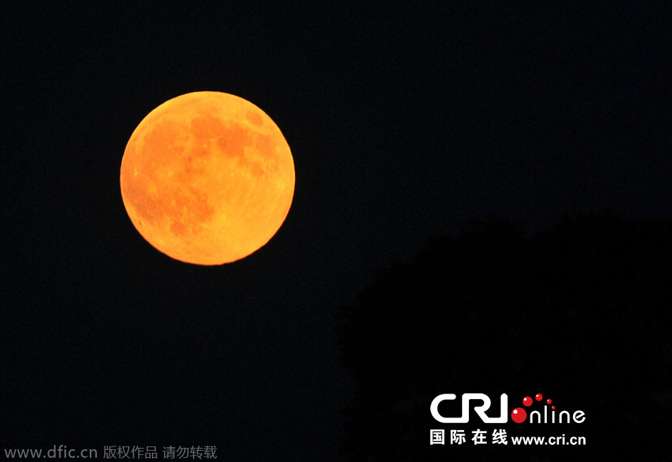 8月10日晚，一輪金燦燦的大月亮在遼寧省大連市東方升起。圖片來源：劉德斌/東方IC