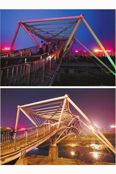 花園路西側(cè)東風(fēng)渠景觀橋，上圖攝于7月31日晚間，下圖攝于10月9日晚間。