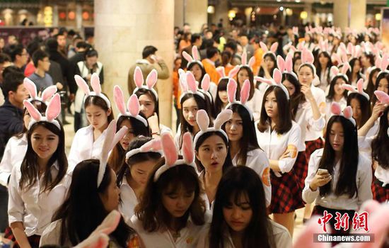 11月11日晚，一百位統(tǒng)一打扮的“兔女郎”現(xiàn)身南京新街口，逛街看電影玩快閃，走到哪里都被圍觀。
