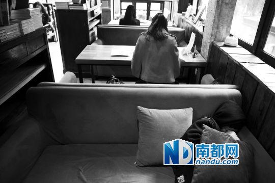 12月12日上午，不打烊書店里，12歲的楊東吃完午飯后抱著抱枕蜷在沙發(fā)里睡覺。