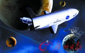 　美國(guó)X—37B宇宙飛船在太空中。（合成圖片）
